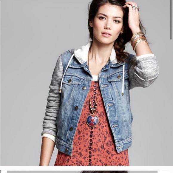 Free People Knit Hooded Distressed Denim Jacket